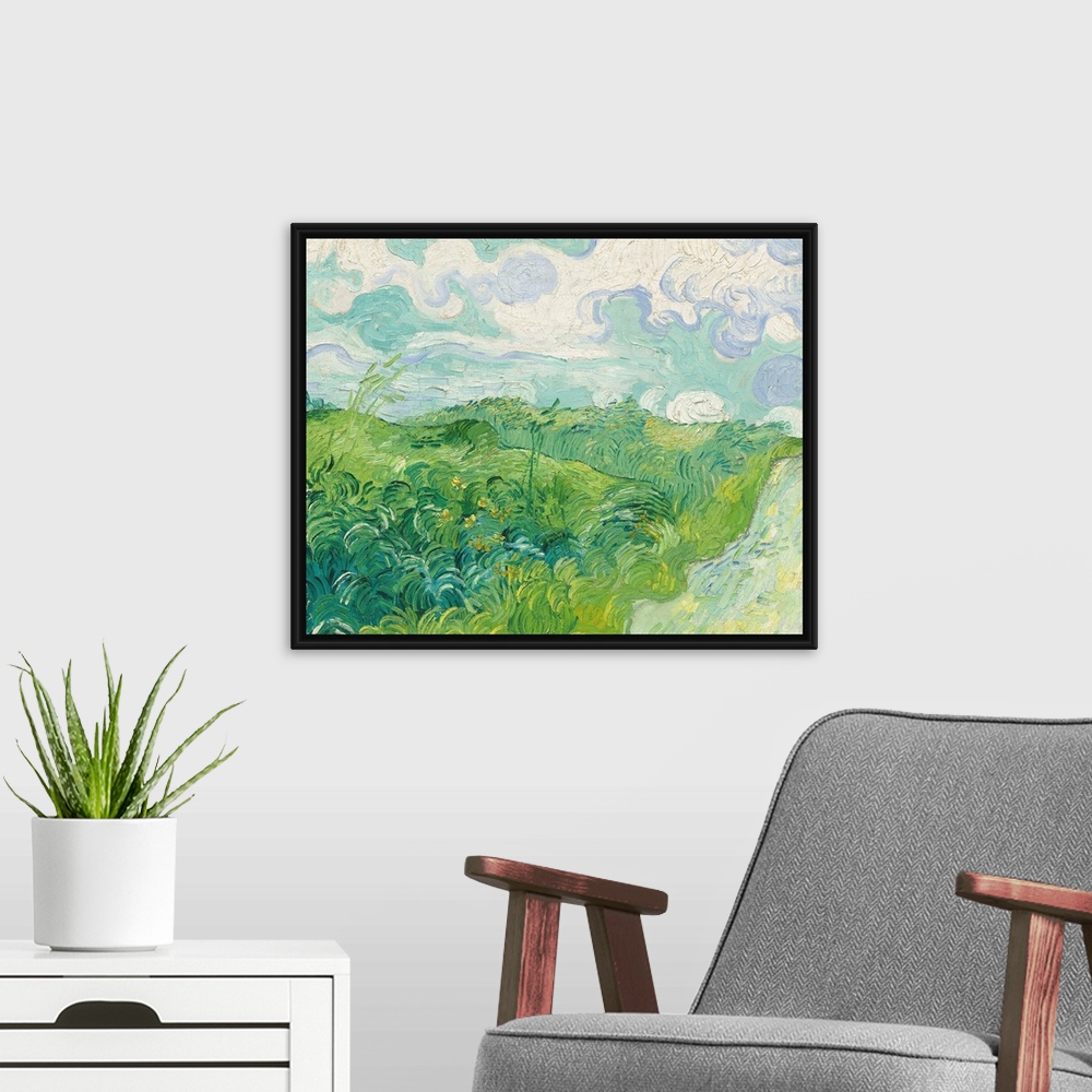 A modern room featuring Painting of a green countryside field by Vincent Van Gogh.