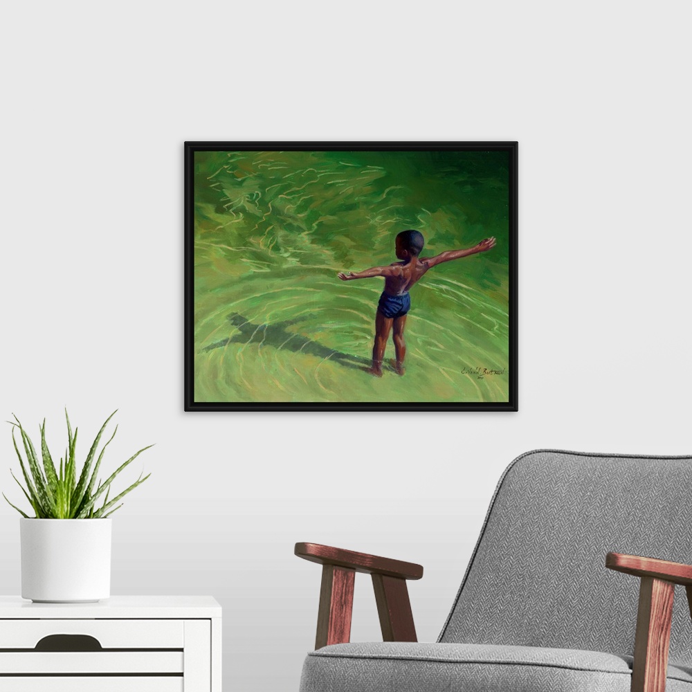 A modern room featuring Contemporary painting of a young boy in shallow water looking at his shadow.