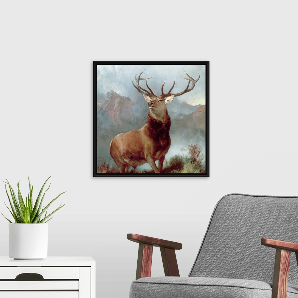 A modern room featuring A square, landscape painting of a majestic stag posing in the mountains.
