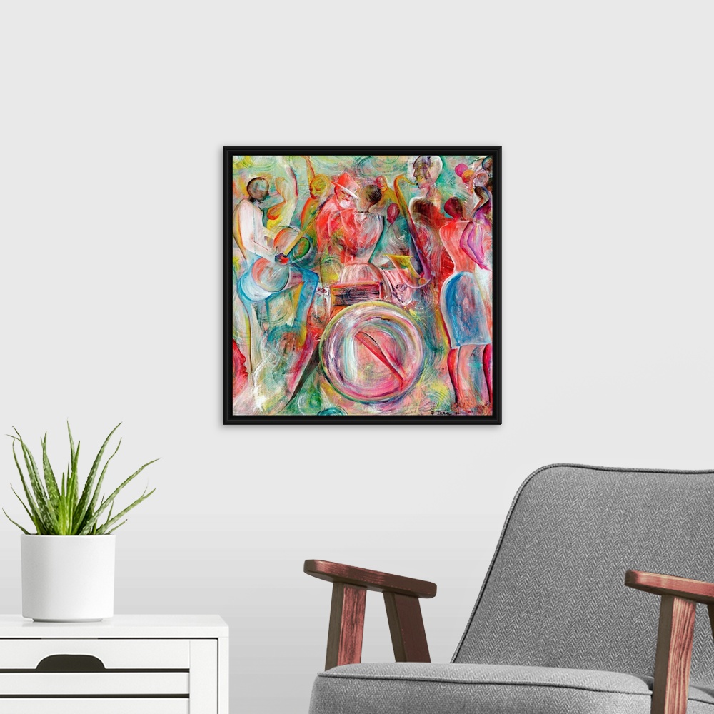 A modern room featuring This contemporary art is an abstracting painting of African-American musicians playing jazz instr...