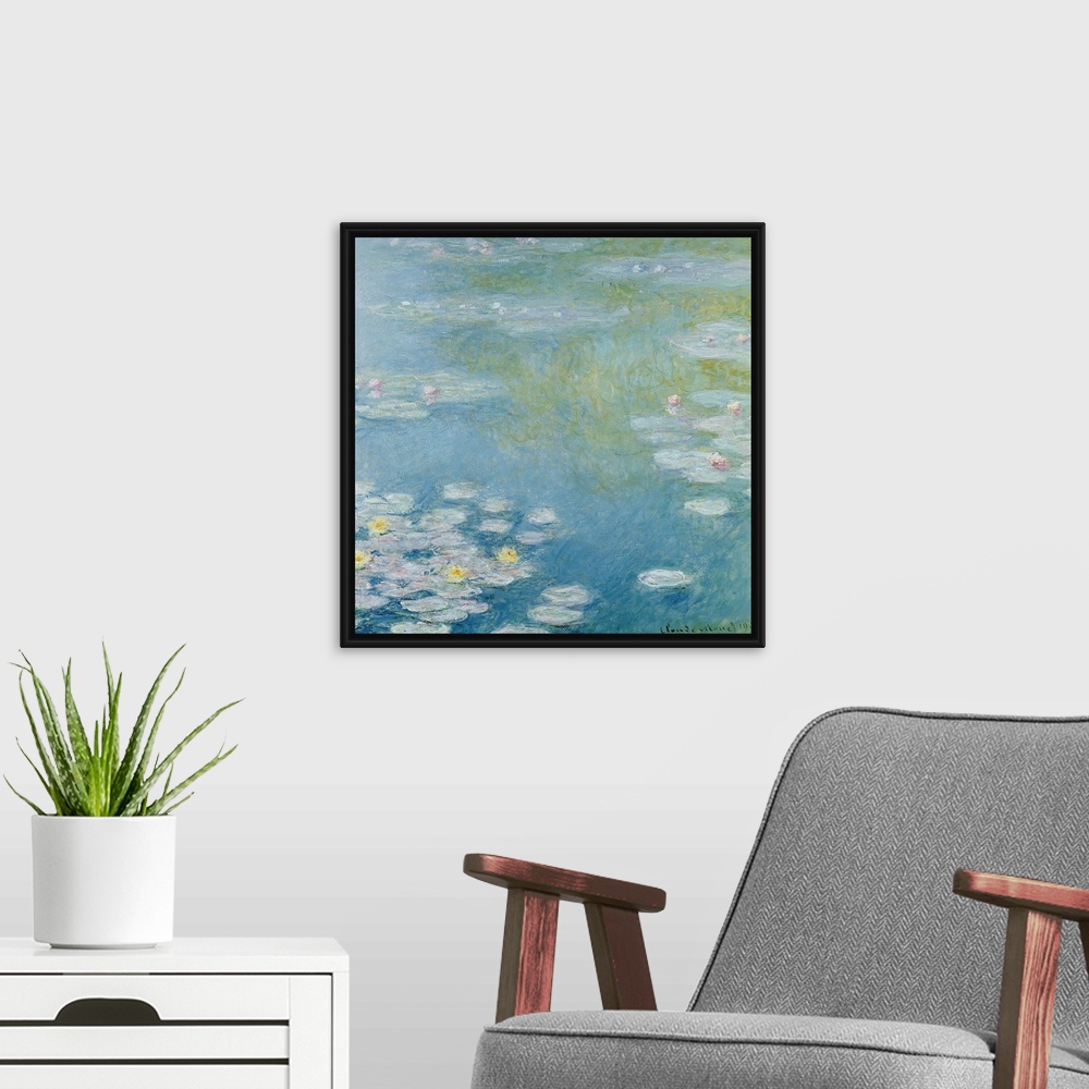 A modern room featuring Oversized, square, classic wall painting in the Impressionist style, of a pond with swirling blue...