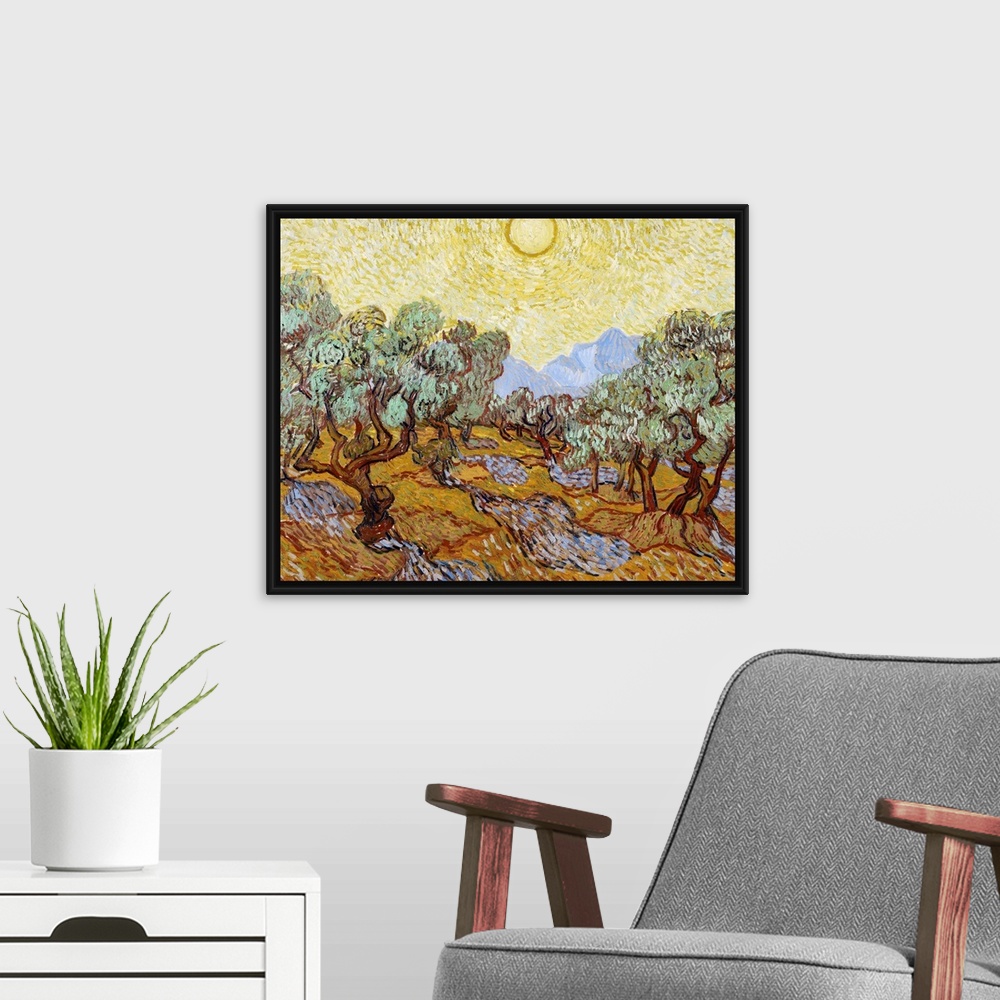 A modern room featuring Classical painting of an olive grove with trees in rows and the blazing sun creating shadows on t...