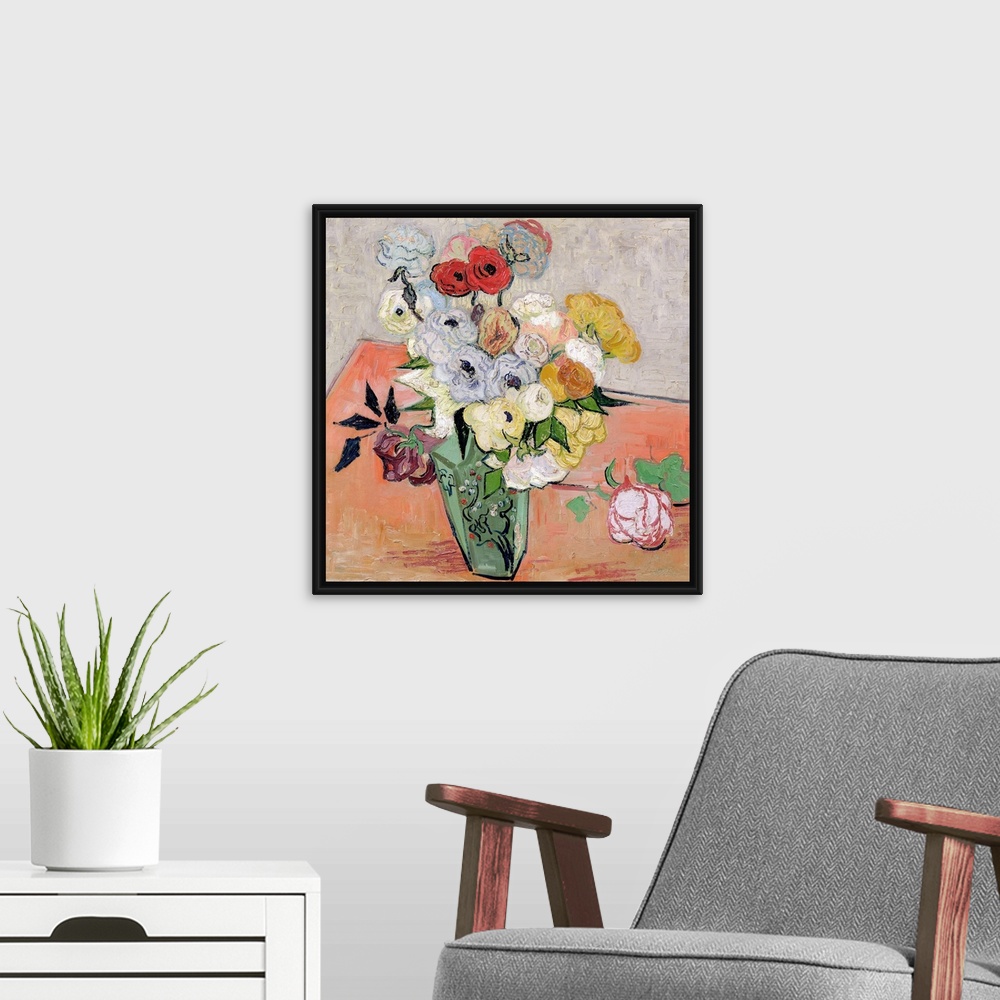 A modern room featuring Big classic art depicts an arrangement of flowers within a decorated vase sitting on a table.