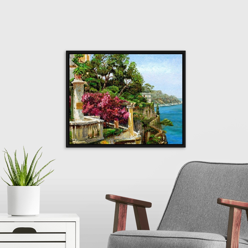 A modern room featuring This horizontal wall art is a landscape painting with attention to light and details in this time...