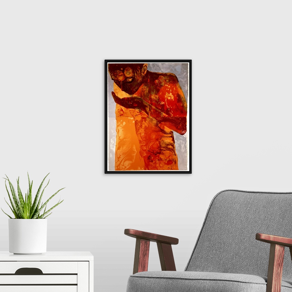 A modern room featuring A giclee print on canvas originally from a silkscreen print. An abstracted human figure sips from...