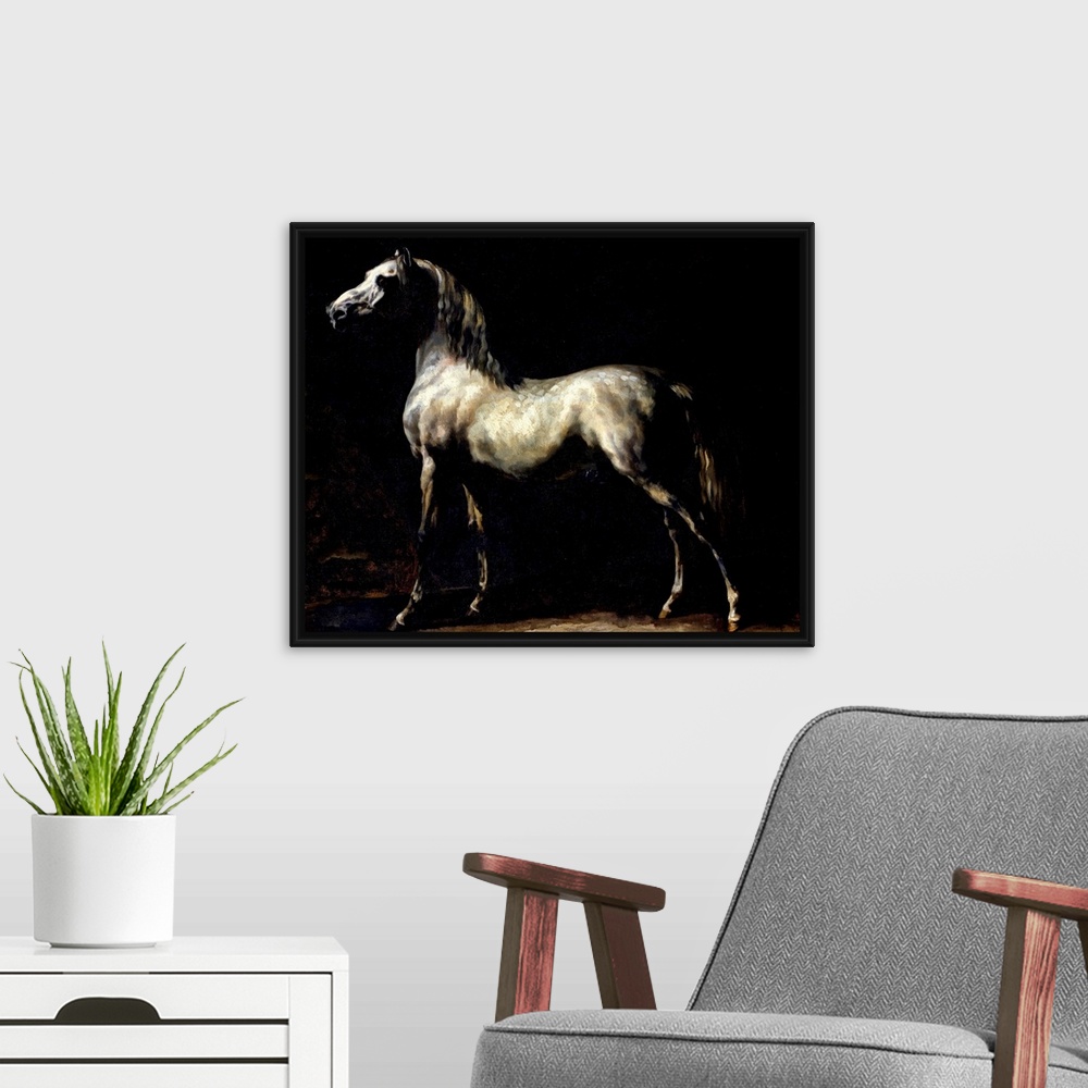 A modern room featuring Giant classic art showcases a profile of a horse using a majority of darker tones.