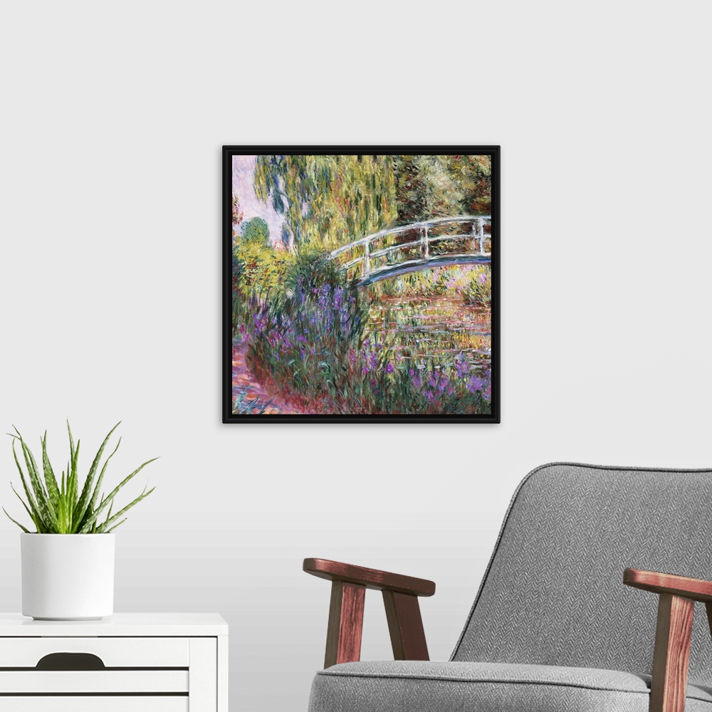A modern room featuring Irises bloom along a path through a French garden in this classic Impressionist painting availabl...