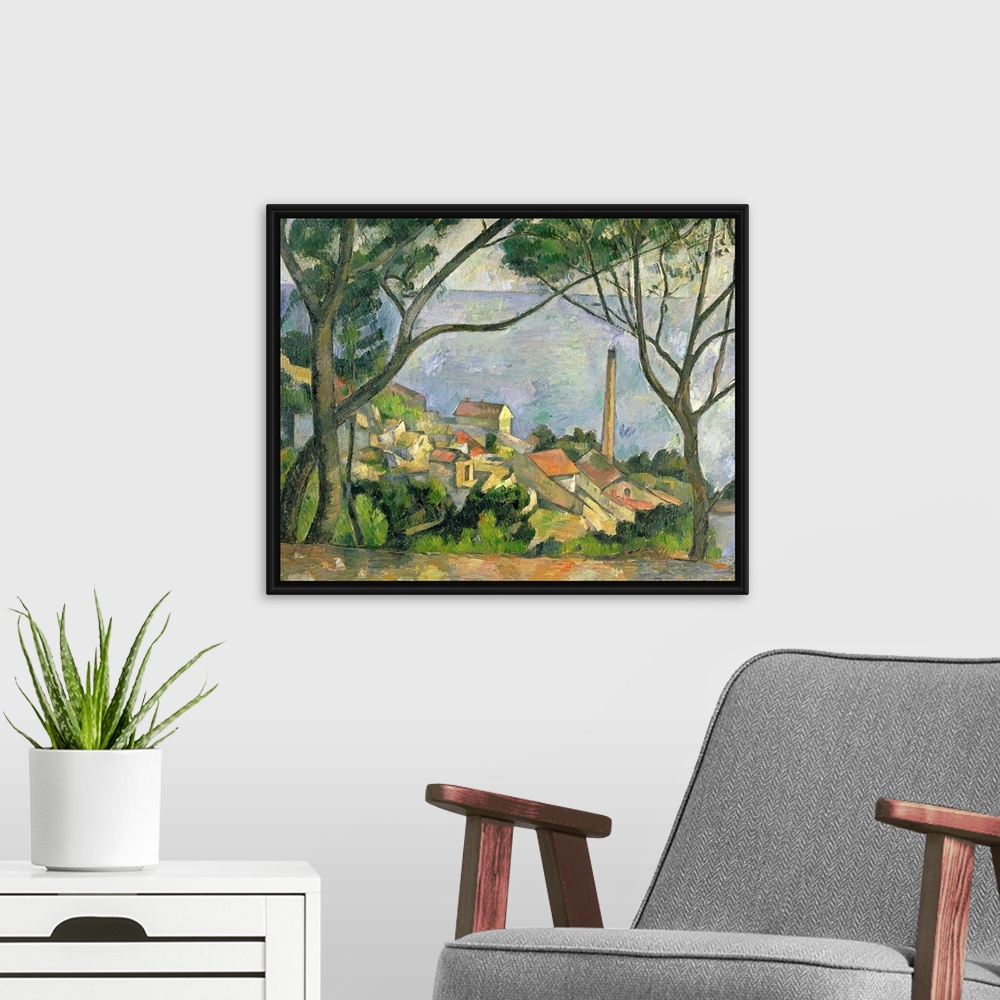 A modern room featuring Painting by Paul Cezanne of a picturesque seaside town with two trees in the foreground on a hill...