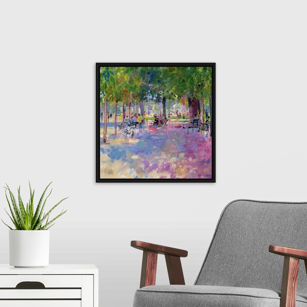 A modern room featuring Contemporary painting of park on a sunny day.   There is a wide path lined with huge trees and ch...
