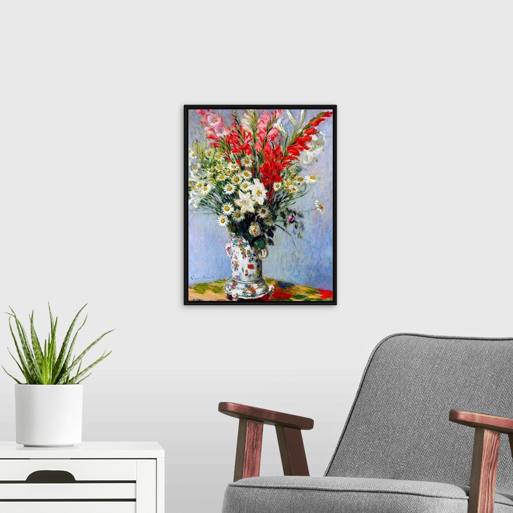 A modern room featuring Painting of a vase holding various muticolored flowers on a multicolored table by Claude Monet.