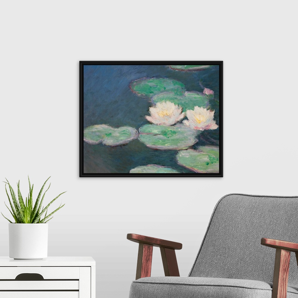 A modern room featuring Huge classic art focuses on a group of lily pads sitting on a quiet body of water.