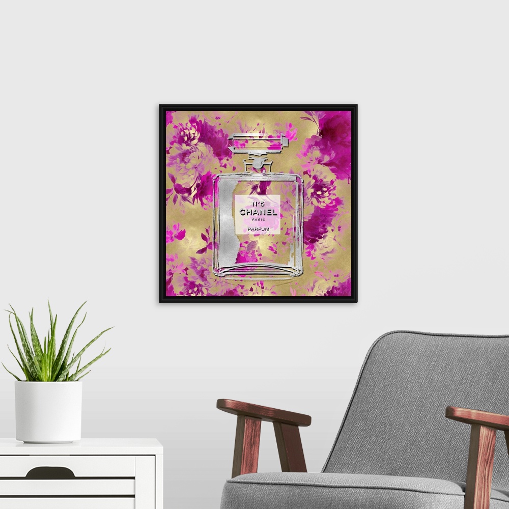 Perfume on Gold and Pink Solid-Faced Canvas, Black Floating Frame