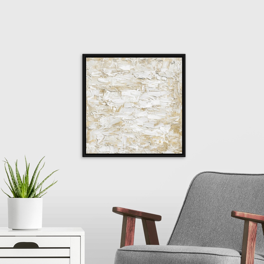 A modern room featuring Originally painted with thick white and gold textured paint. The final item is digitally printed ...