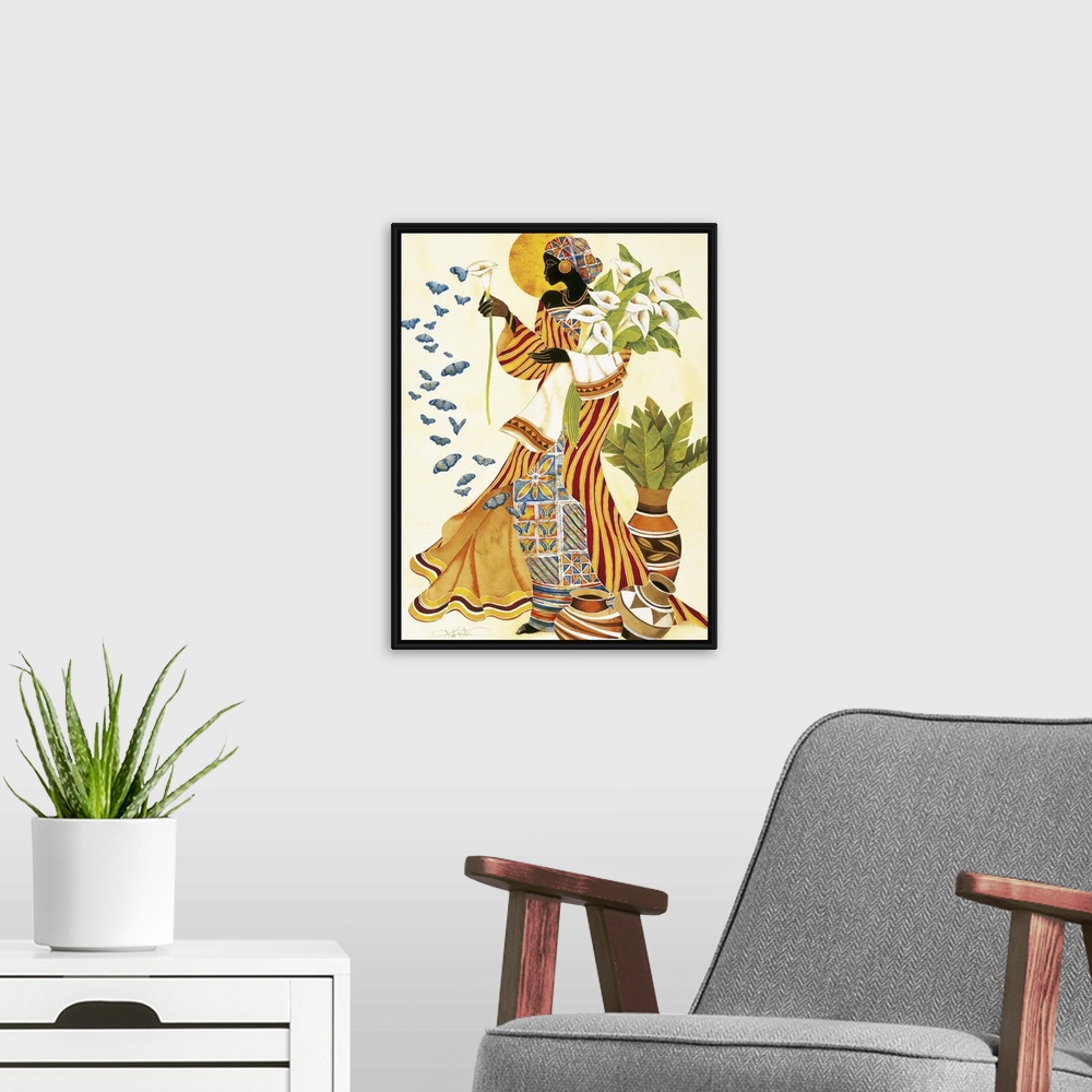 A modern room featuring An African woman in a beautiful patterned robes holding white lilies and looking at butterflies.