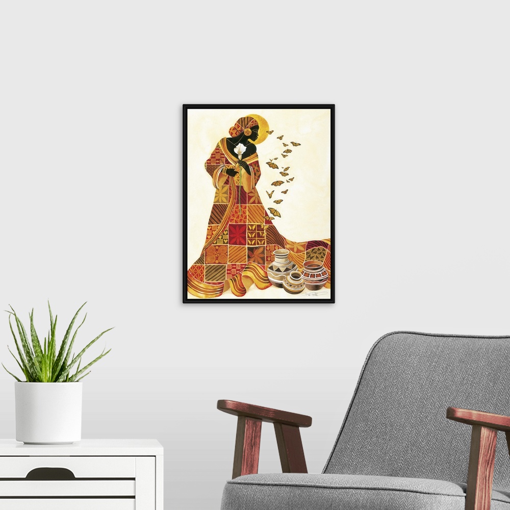 A modern room featuring Artwork of an African woman in a patterned orange robe holding a flower and looking at butterflies.
