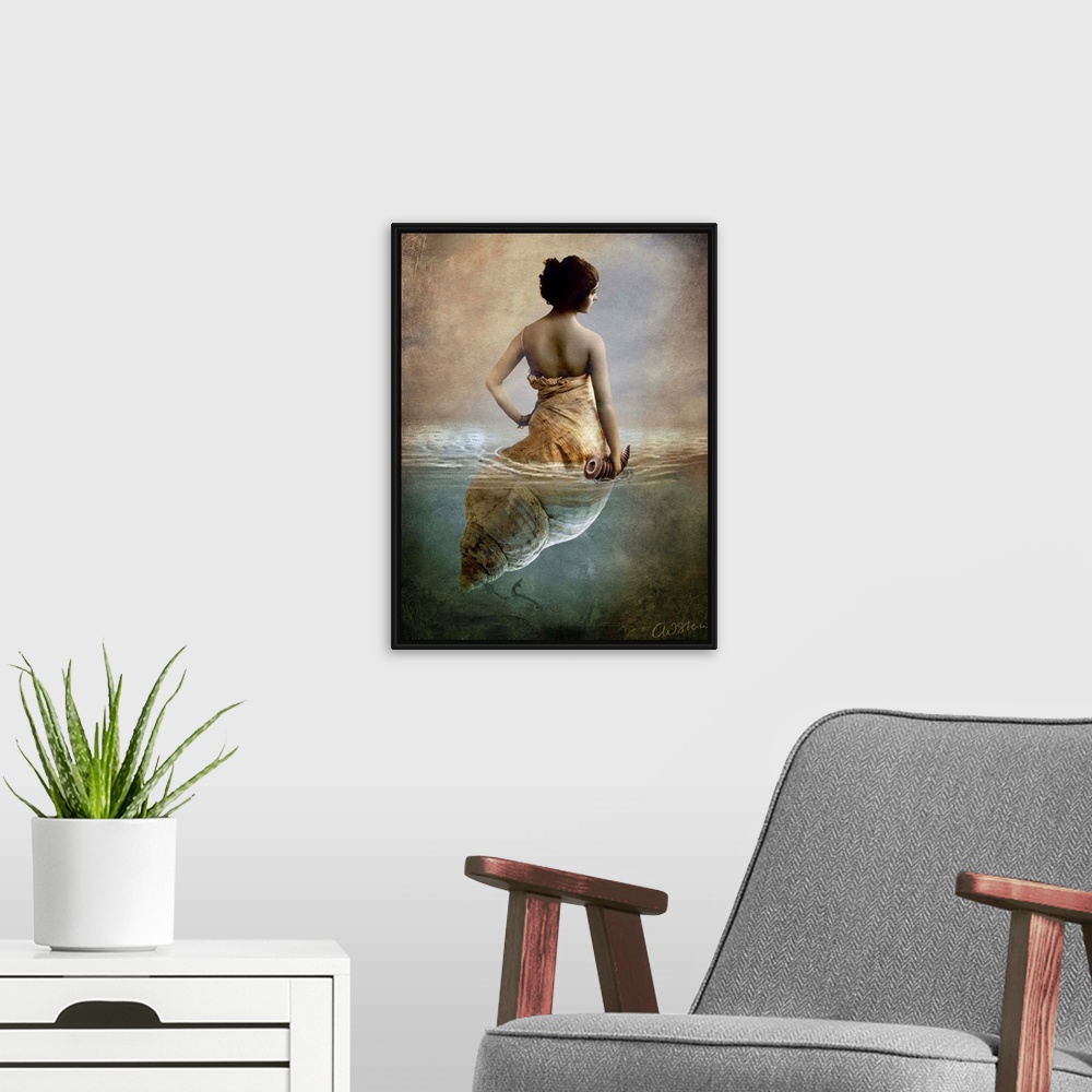A modern room featuring Conceptual art of a woman who is half shell, floating in water.