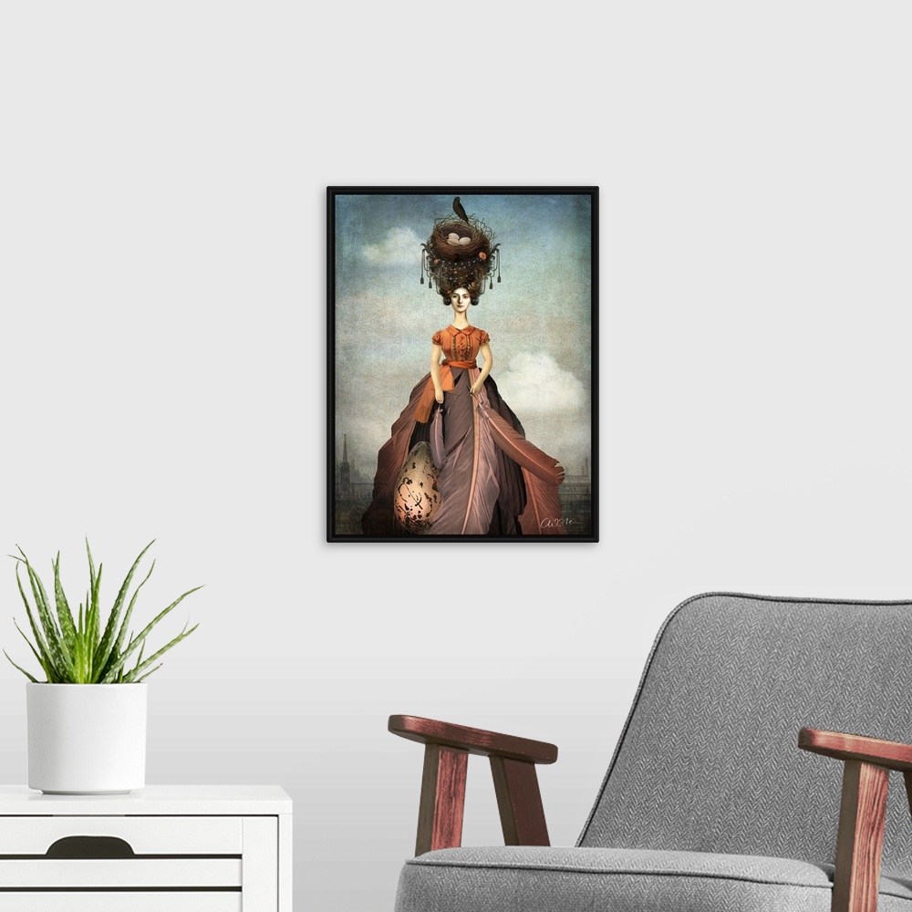 A modern room featuring A digital composite of a female wearing a dress made of feathers with a bird nest on her head.