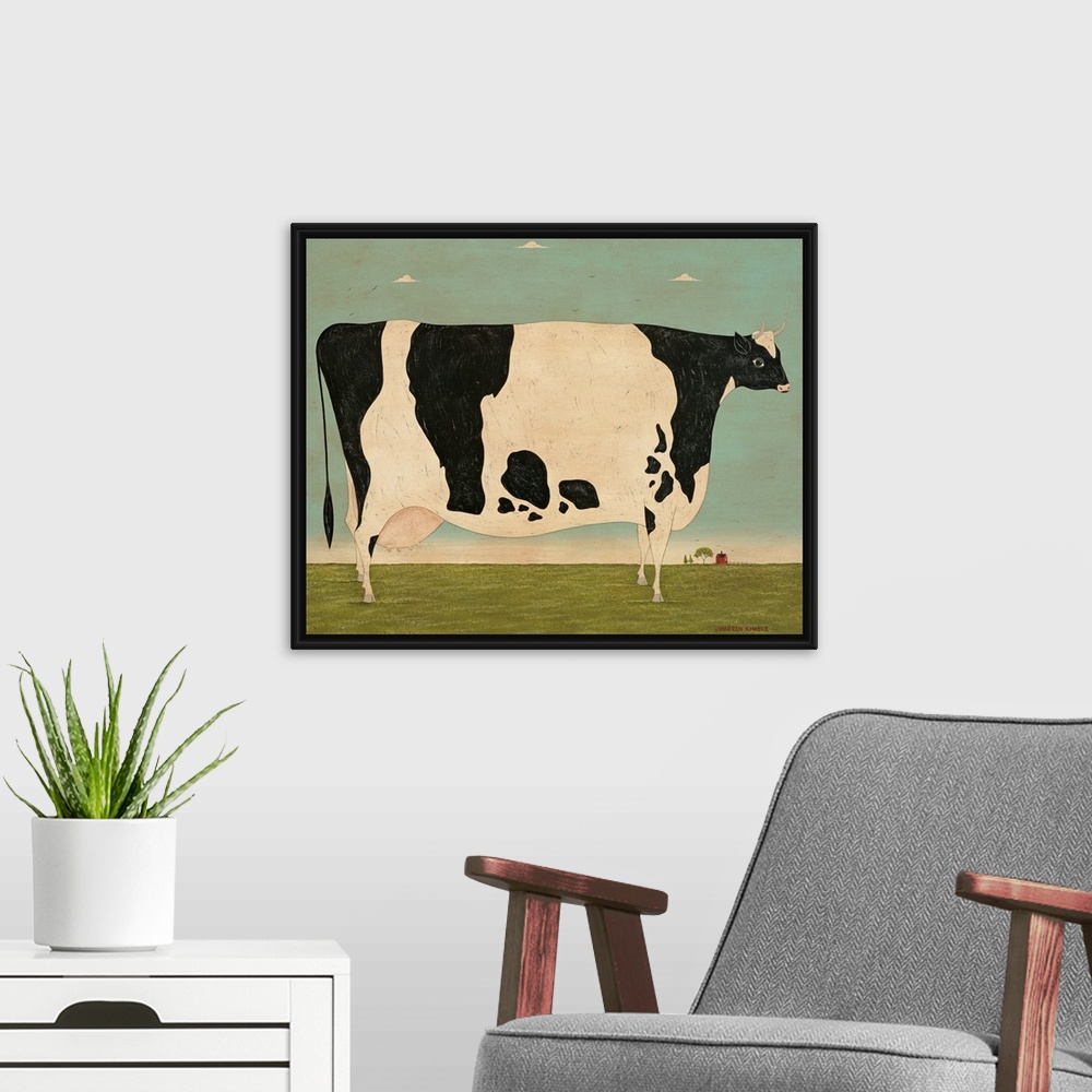 A modern room featuring Painting of a very large spotted cow in a green pasture on a Vermont farm.