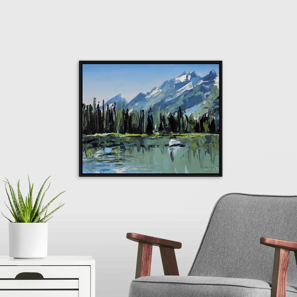 A modern room featuring Contemporary palette knife painting of green trees lining a body of water with mountains in the b...