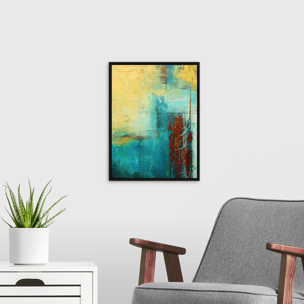A modern room featuring Giant, vertical abstract painting with a variety of textured lines and patches of color, with sma...