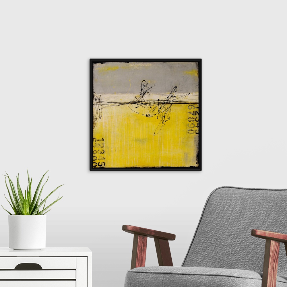 A modern room featuring A contemporary abstract painting using gray and yellow with stenciled numbers and thin dark black...