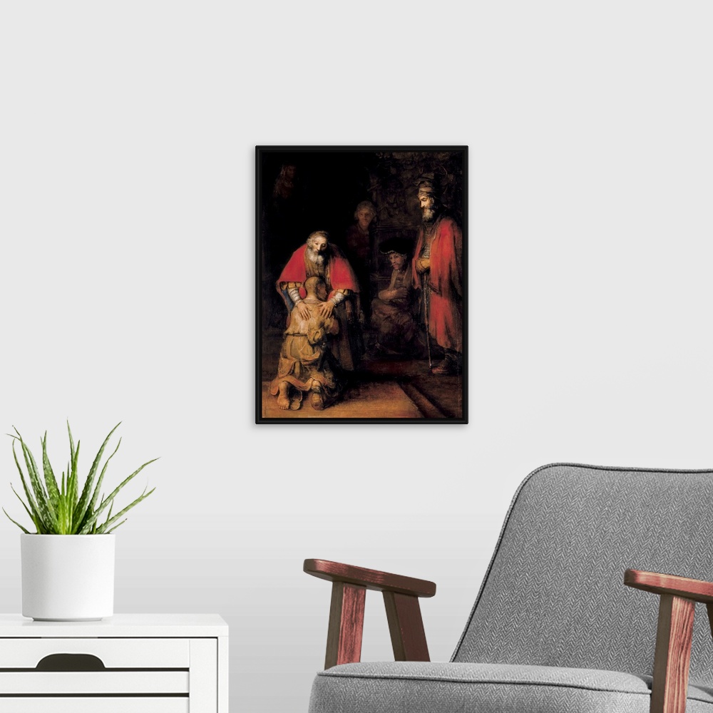 A modern room featuring REMBRANDT, Harmenszoon van Rijn, called (1606-1669). Return of the Prodigal Son. 1668. Baroque ar...