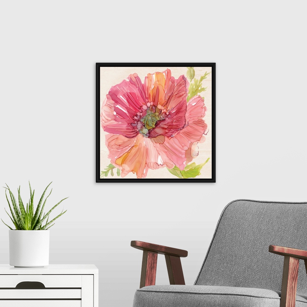 A modern room featuring Square watercolor painting of a pink poppy with some orange tones and bright green leaves.