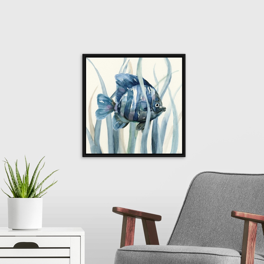 A modern room featuring Square indigo watercolor painting of a fish underwater in seagrass on an off white background.