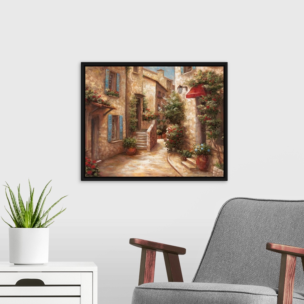 A modern room featuring Horizontal, large home art docor of a narrow street running through a stone Italian village, the ...