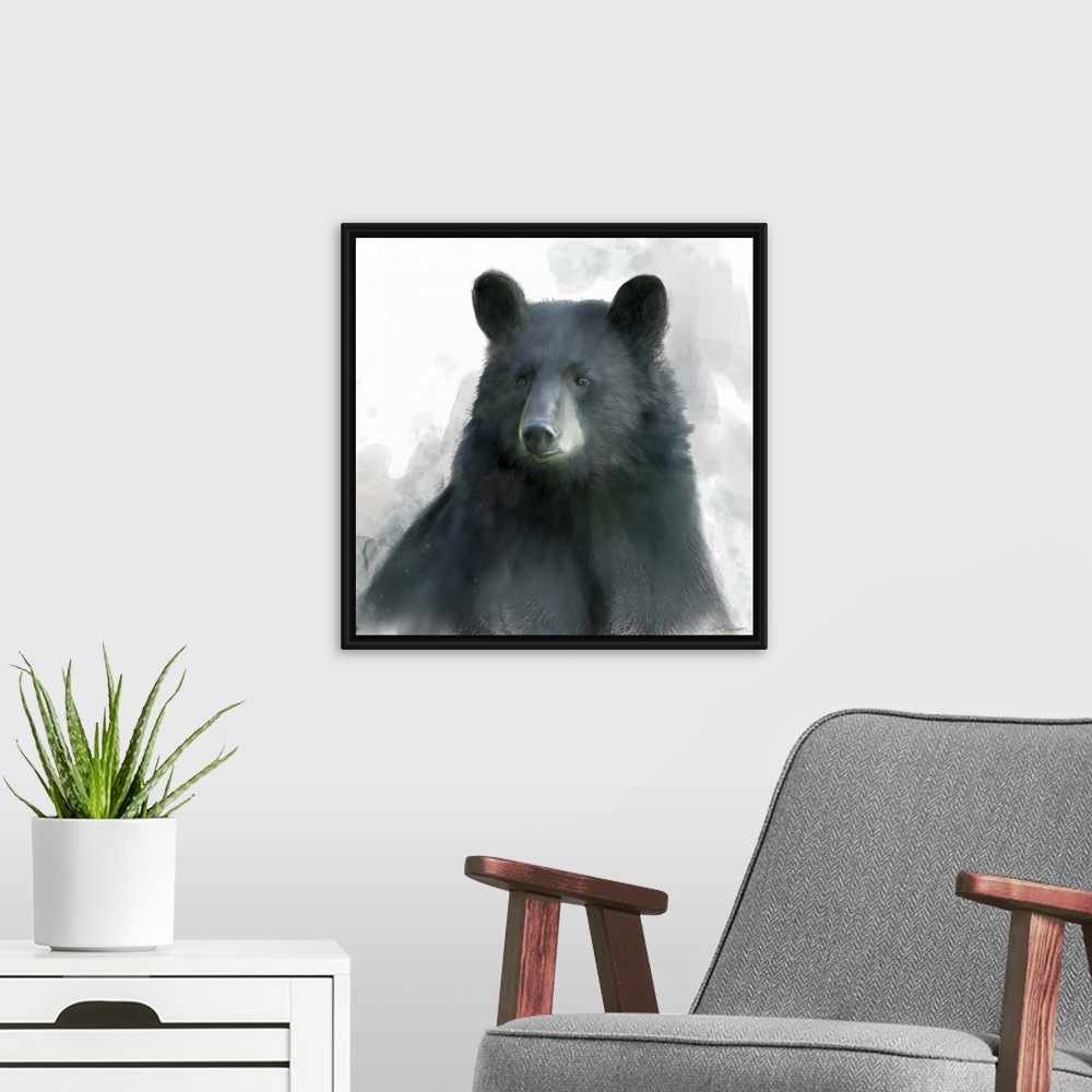 A modern room featuring Watercolor portrait of a black bear on white.