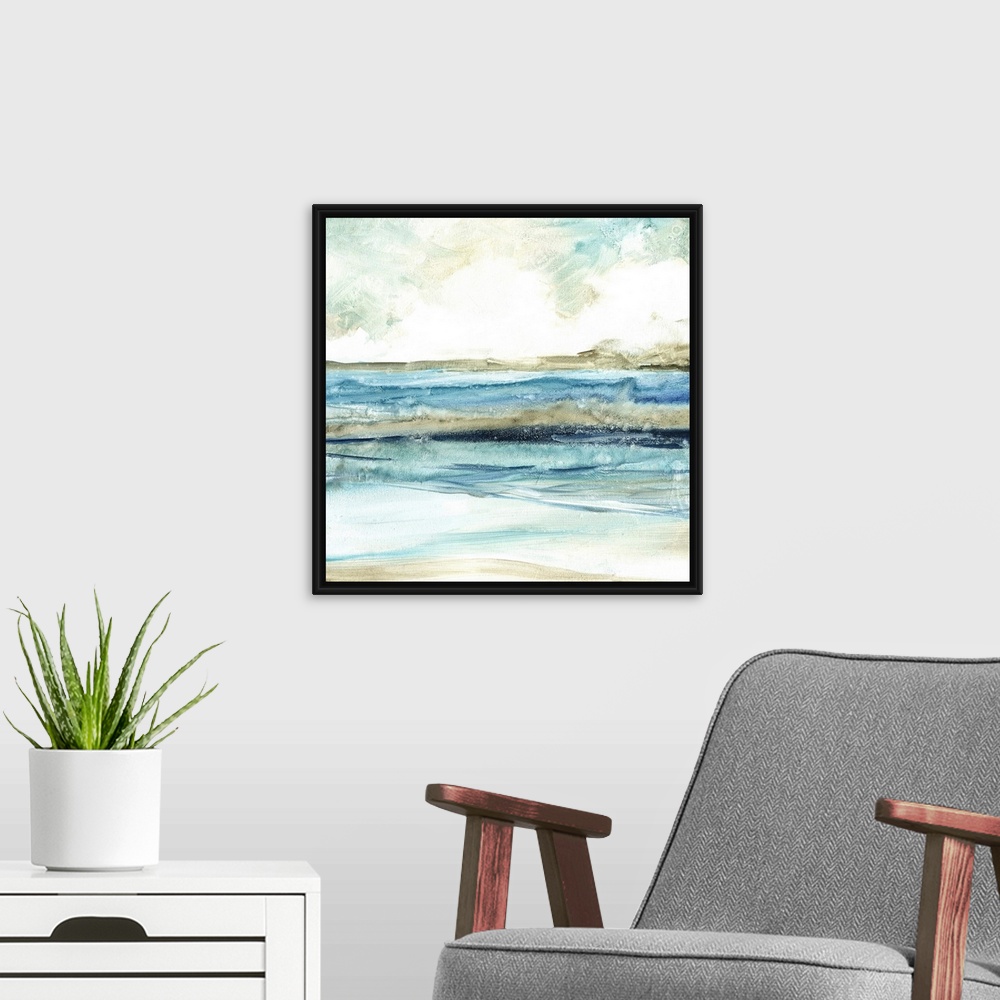 A modern room featuring Abstract painting of the beach with layers of blue, gray, and white hues.
