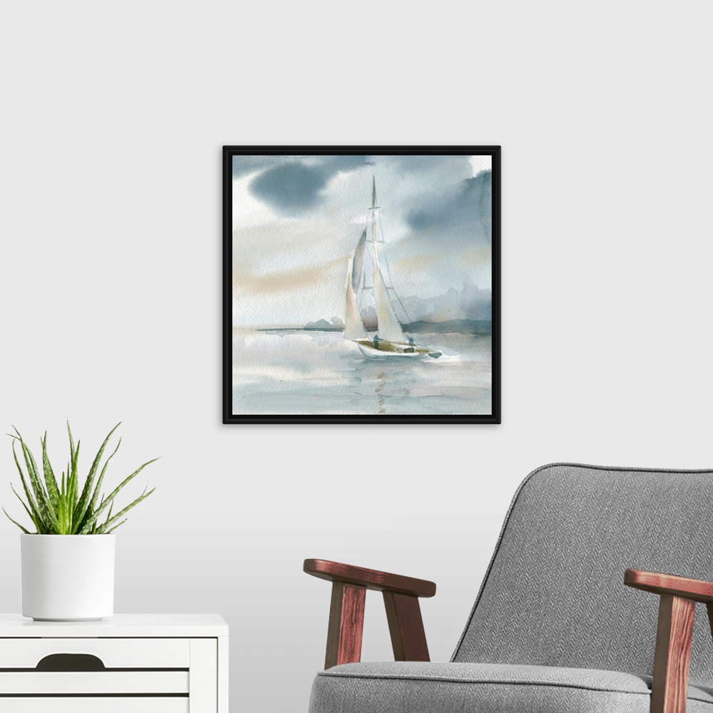 A modern room featuring Square watercolor painting of a sailboat on the ocean in shades of blue and beige.