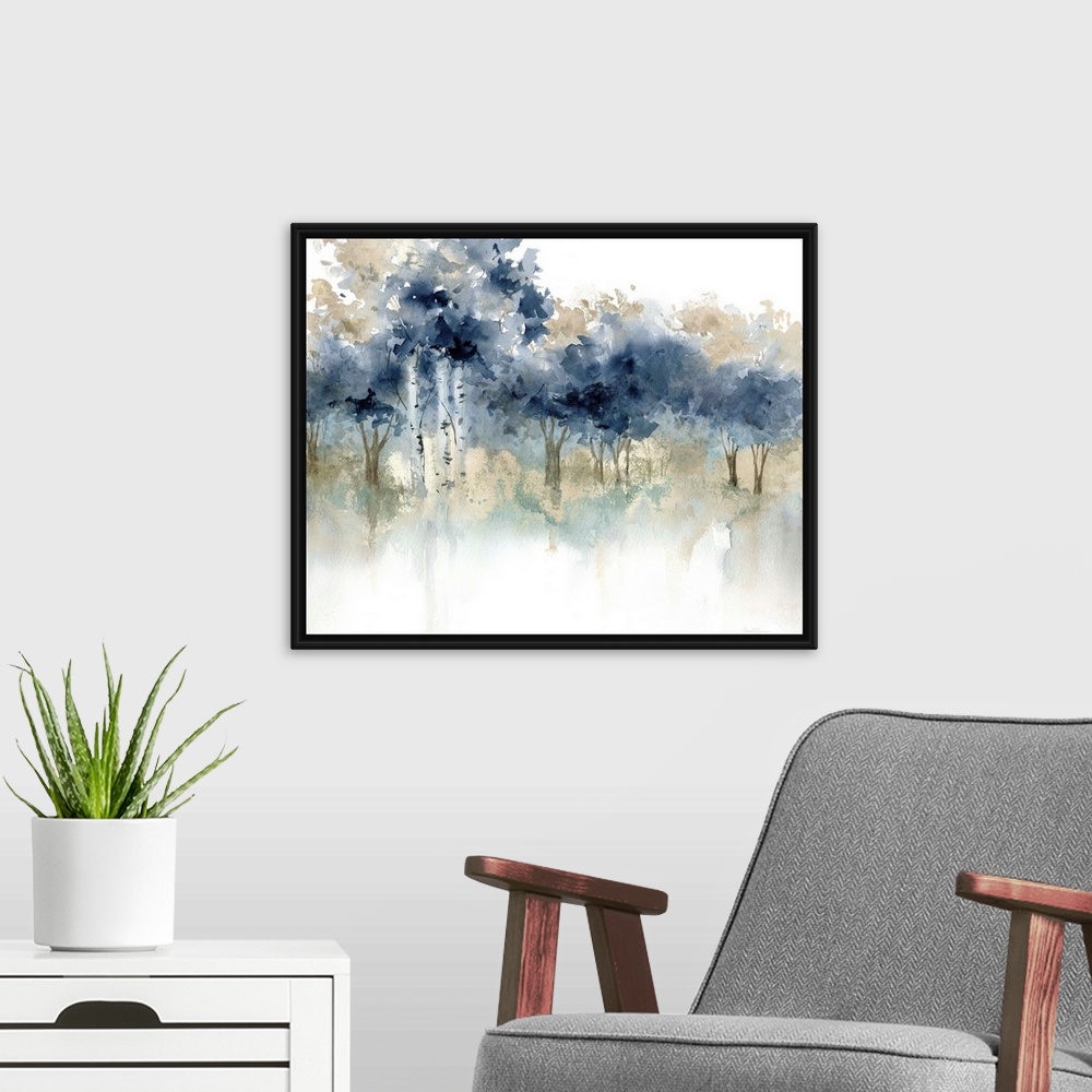 A modern room featuring Abstract watercolor painting of a forest filled with indigo topped trees.