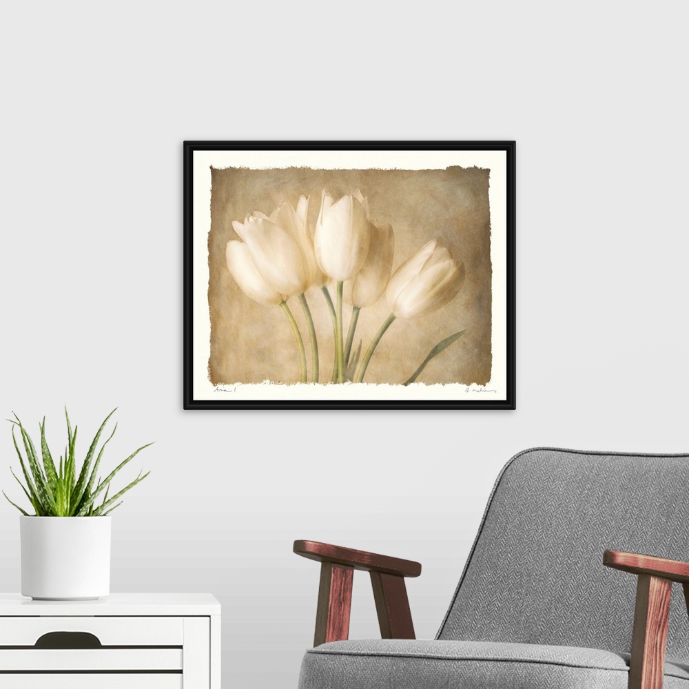 A modern room featuring Decorative painting of a small bouquet of tulips in subtle, neutral tones, on a white background.