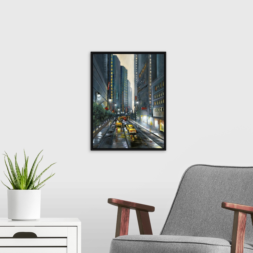 A modern room featuring Contemporary cityscape painting of a downtown city street lined with skyscrapers and filled with ...