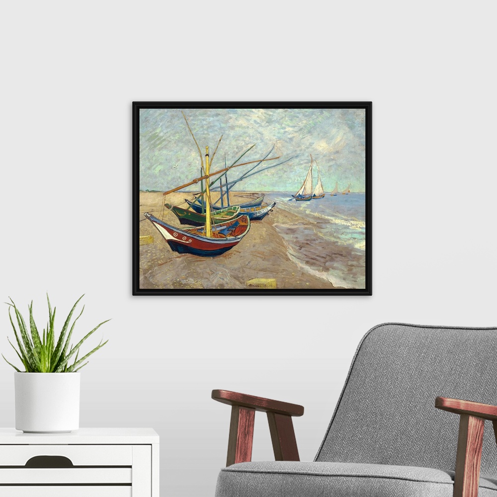 A modern room featuring Vincent van Gogh (Dutch, 1853-1890), Fishing Boats on the Beach at Les Saintes-Maries-de-la-Mer, ...
