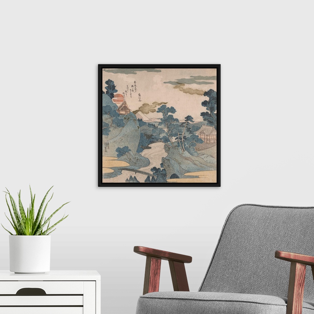 A modern room featuring The stream of Asazawa in spring with view of Mount Fuji from the hot springs at Hakone. Woodcut f...