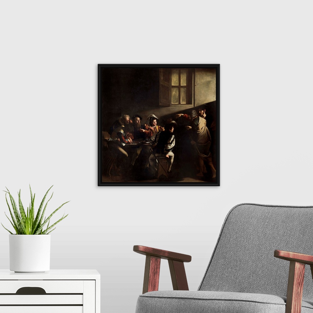 A modern room featuring The calling of St. Matthew - Painting by Michelangelo Merisi, called Caravaggio (1571-1610), oil ...