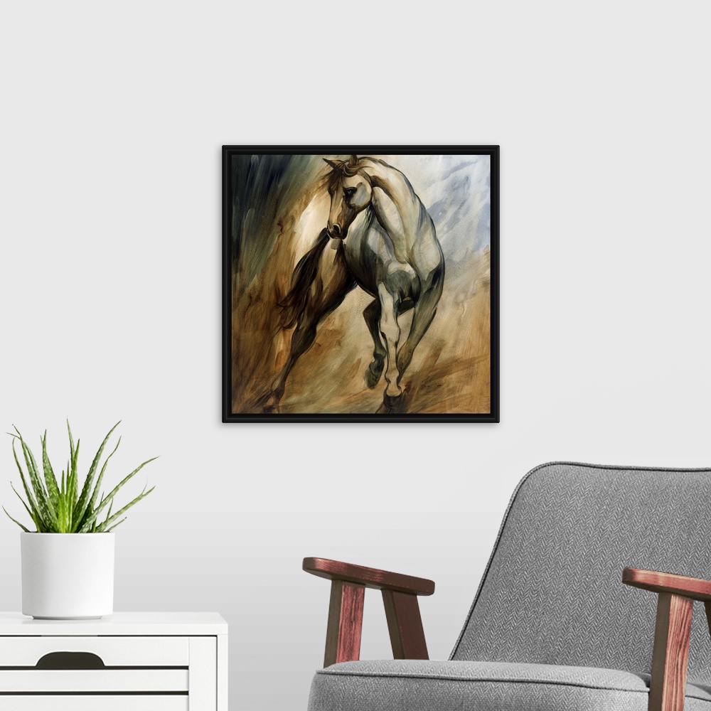 A modern room featuring Huge monochromatic contemporary art shows a horse galloping among a fairly blank backdrop.