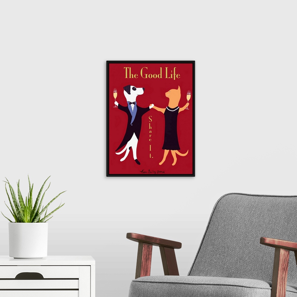 A modern room featuring Huge retro art composed of a dog in a tuxedo and a cat in a dress enjoying a glass of champagne w...