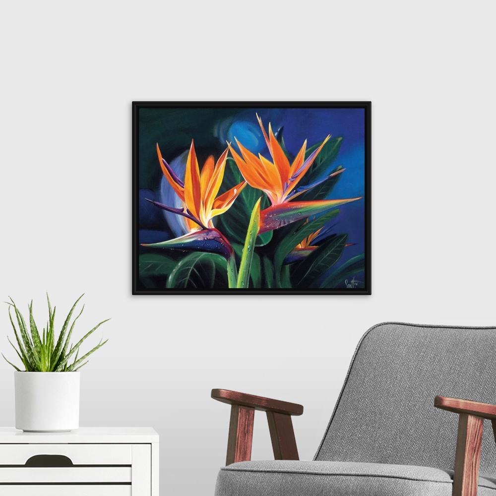 A modern room featuring Wall docor of tropical flowers with vegetation in the background on canvas.