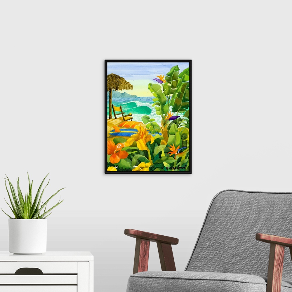 A modern room featuring Tropical vegetation is painted in the foreground of this picture with a beach umbrella, chair, to...