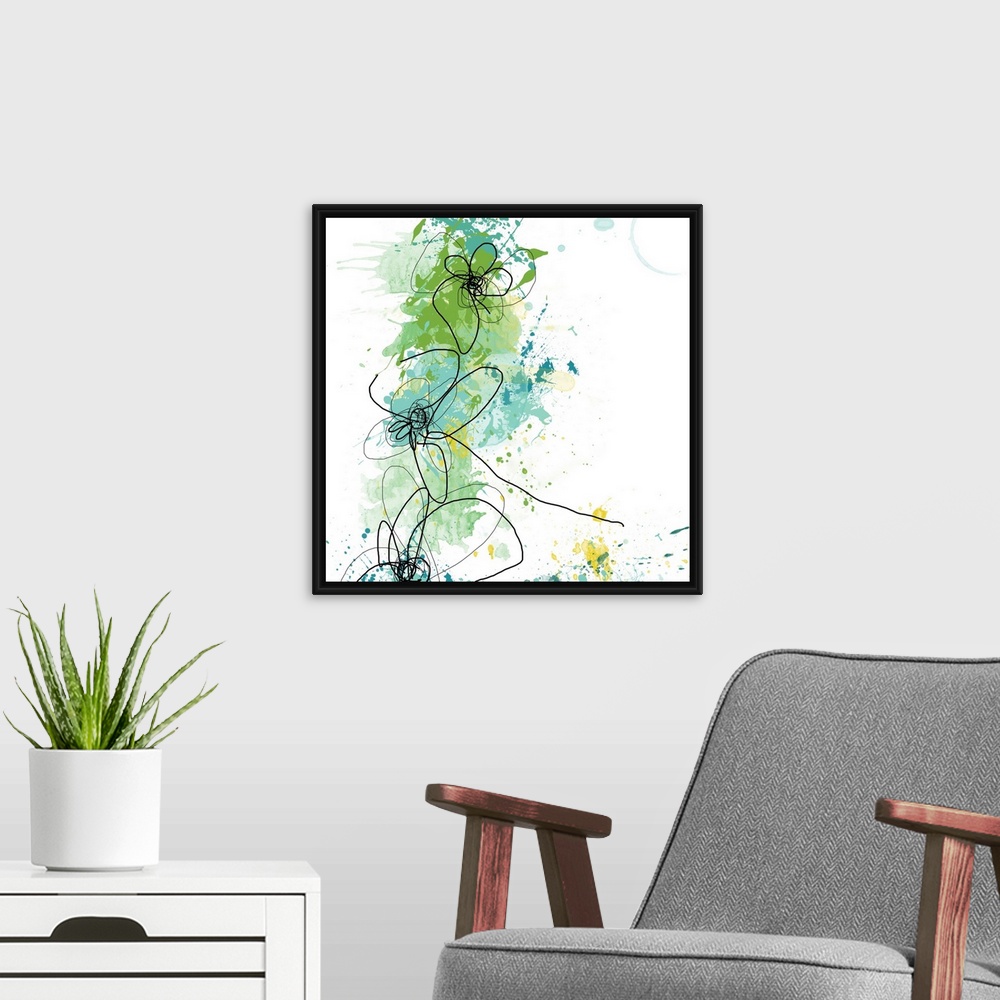 A modern room featuring Big abstract floral art illustrated through lots of paint splashes and curved lines to represent ...