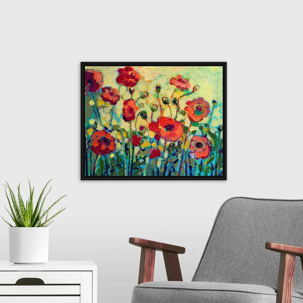 A modern room featuring Close up of poppy flowers and leaves with bold impressionistic brush strokes.