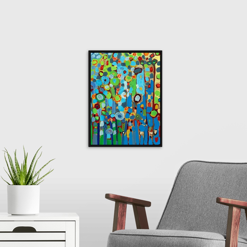 A modern room featuring Large portrait abstract painting of a variety of circular flowers growing vertically in mainly co...