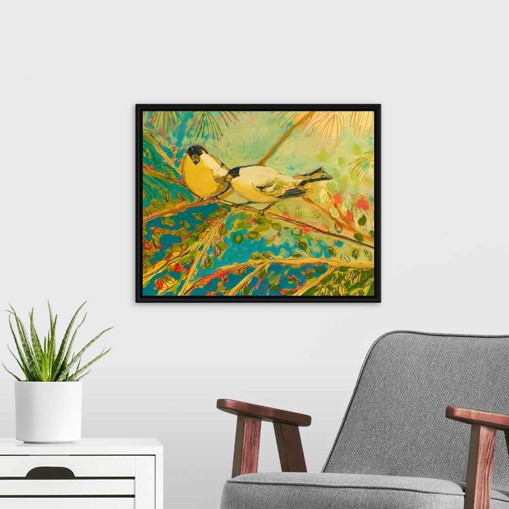 A modern room featuring Large contemporary art displays two Goldfinches sitting on a tree branch during a sunny day.  Art...