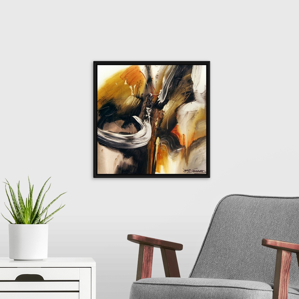 A modern room featuring This square wall hanging is a gicloe print of an energetic contemporary painting with bold brushs...