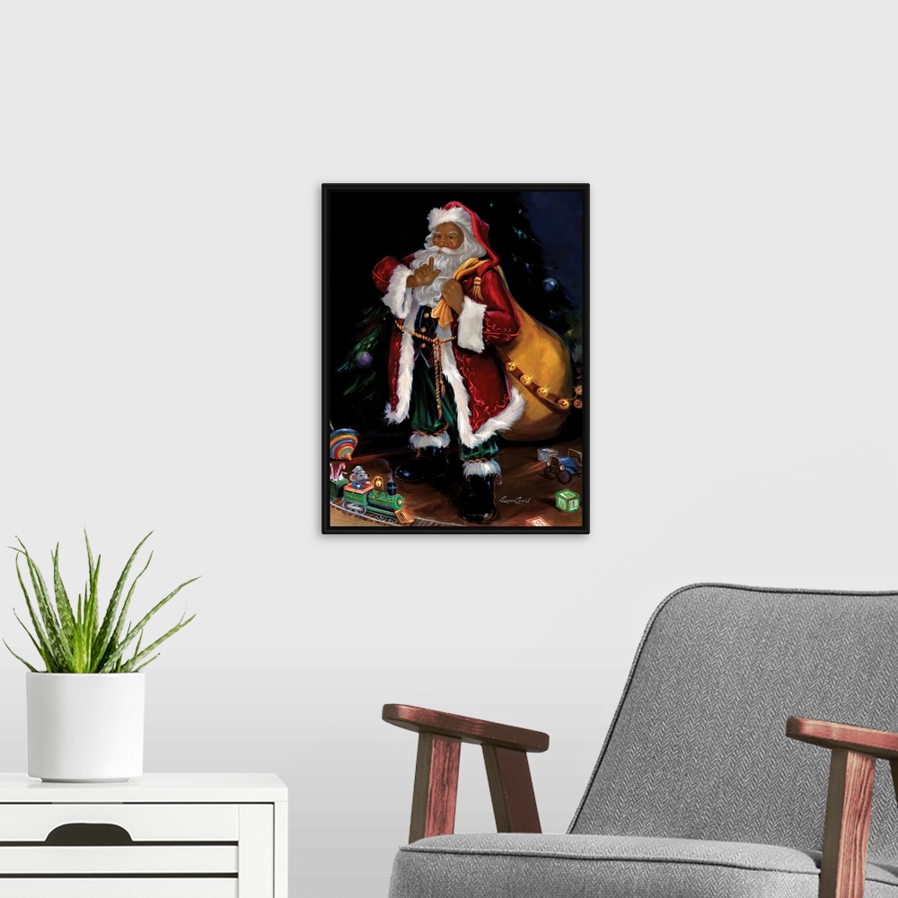 A modern room featuring Fine art painting of Santa Claus holding a bag with toys on the floor.