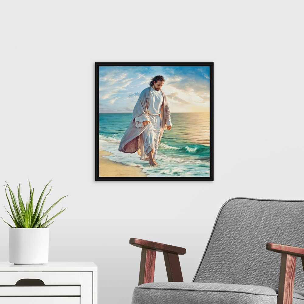 A modern room featuring Fine Art painting of Jesus walking in the edge of the surf on a beach.