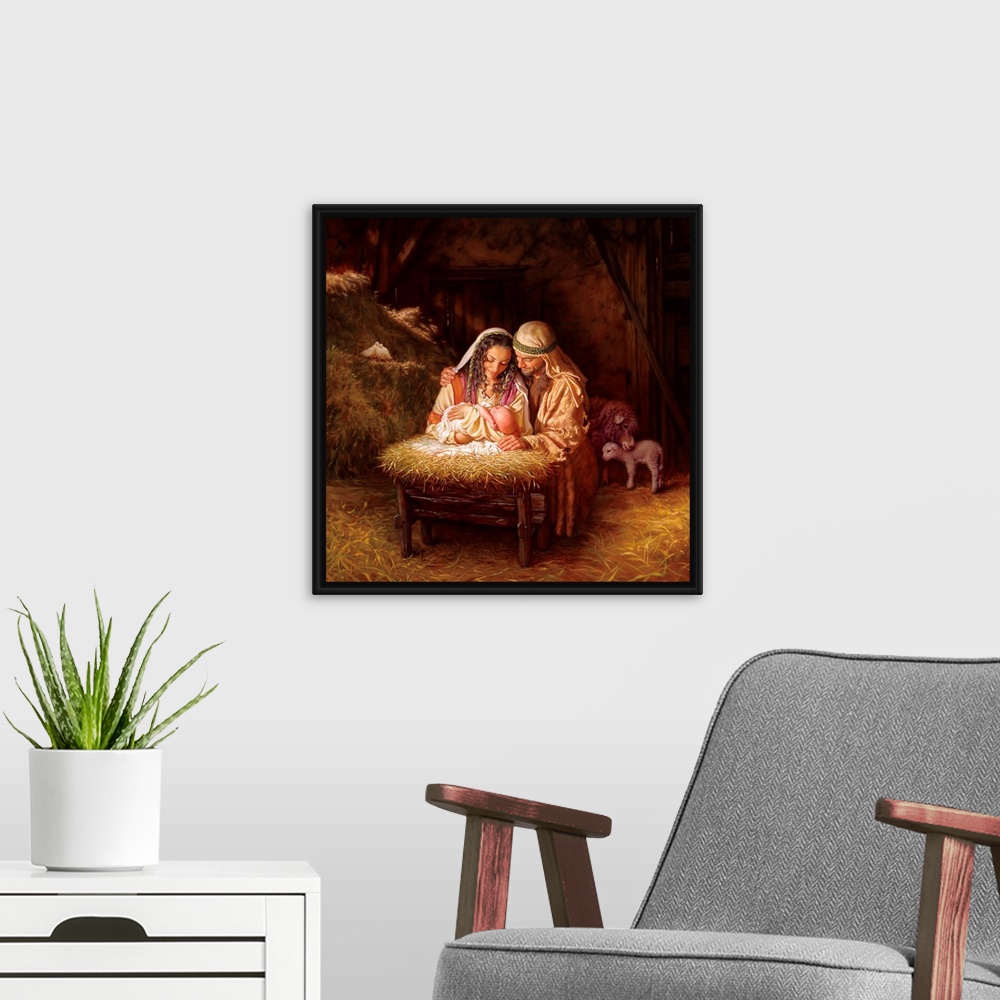 A modern room featuring Fine art painting of Mary and Joseph holding Jesus over a manger in a barn with animals and hay.